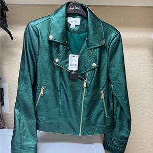 Joseph Ribkoff Metallic Teal Vegan Leather Jacket with Gold Accents